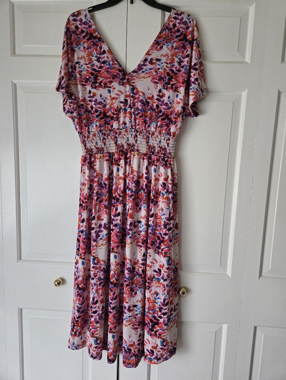 Floral Smocked Waist Pink Midi Dress Sz L-XL